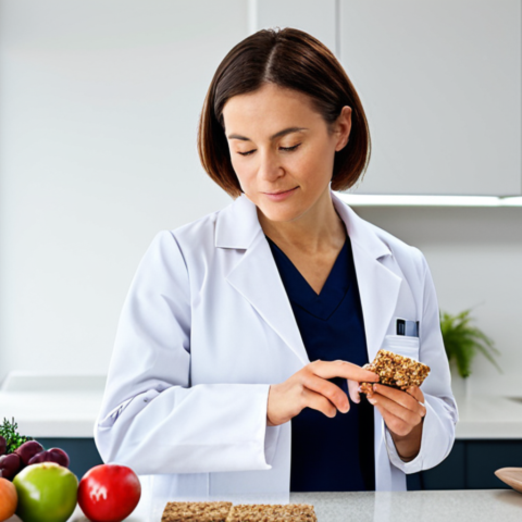 A confident, diverse professional woman, in a crisp white lab coat over a modest shirt and trousers. She is thoughtfully examining a beautifully designed protein bar made with cricket flour, displayed on a clean, modern countertop. In the background, out of focus, are fresh, vibrant fruits and vegetables, emphasizing healthy ingredients. A brightly lit, contemporary test kitchen or food science lab. Innovative, healthy, educational. Professional photography, studio lighting, high resolution, sharp focus on the subject and product, natural pose, perfect anatomy, correct proportions, well-formed hands, proper finger count, natural body proportions, fully clothed, modest clothing, appropriate attire, professional dress, safe for work, appropriate content, family-friendly.