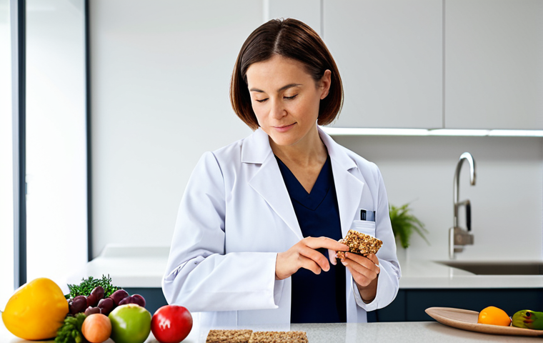 A confident, diverse professional woman, in a crisp white lab coat over a modest shirt and trousers. She is thoughtfully examining a beautifully designed protein bar made with cricket flour, displayed on a clean, modern countertop. In the background, out of focus, are fresh, vibrant fruits and vegetables, emphasizing healthy ingredients. A brightly lit, contemporary test kitchen or food science lab. Innovative, healthy, educational. Professional photography, studio lighting, high resolution, sharp focus on the subject and product, natural pose, perfect anatomy, correct proportions, well-formed hands, proper finger count, natural body proportions, fully clothed, modest clothing, appropriate attire, professional dress, safe for work, appropriate content, family-friendly.