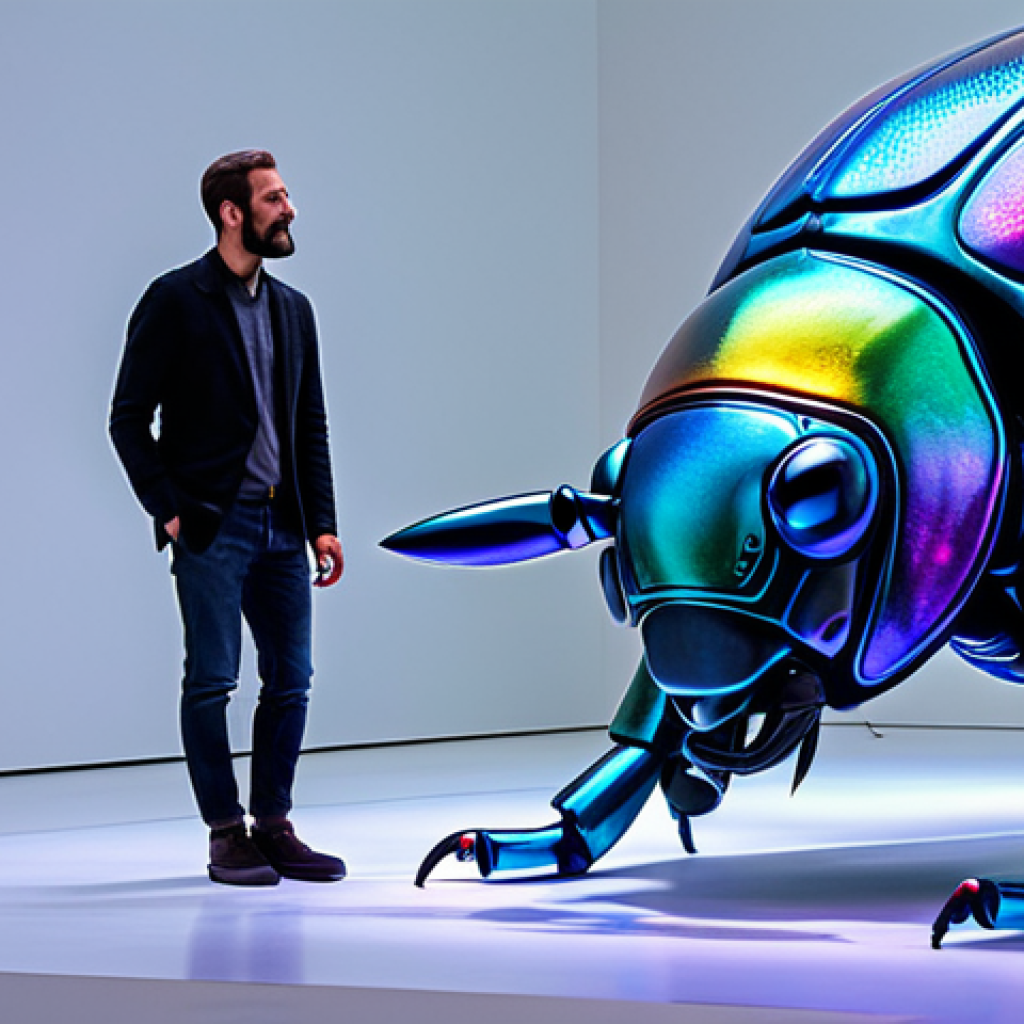 A breathtaking macro-sculpture of a metallic beetle, showcasing intricate iridescent patterns and vibrant, changing colors under gallery lights. The colossal artwork dominates a modern, minimalist art exhibition space, with a professional art enthusiast in modest, fully clothed attire observing it with admiration. The scene emphasizes artistic detail, perfect anatomy, correct proportions, and a natural pose for the observer. High-quality professional photography, safe for work, appropriate content, family-friendly.