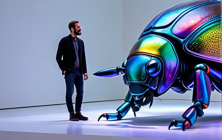 A breathtaking macro-sculpture of a metallic beetle, showcasing intricate iridescent patterns and vibrant, changing colors under gallery lights. The colossal artwork dominates a modern, minimalist art exhibition space, with a professional art enthusiast in modest, fully clothed attire observing it with admiration. The scene emphasizes artistic detail, perfect anatomy, correct proportions, and a natural pose for the observer. High-quality professional photography, safe for work, appropriate content, family-friendly.