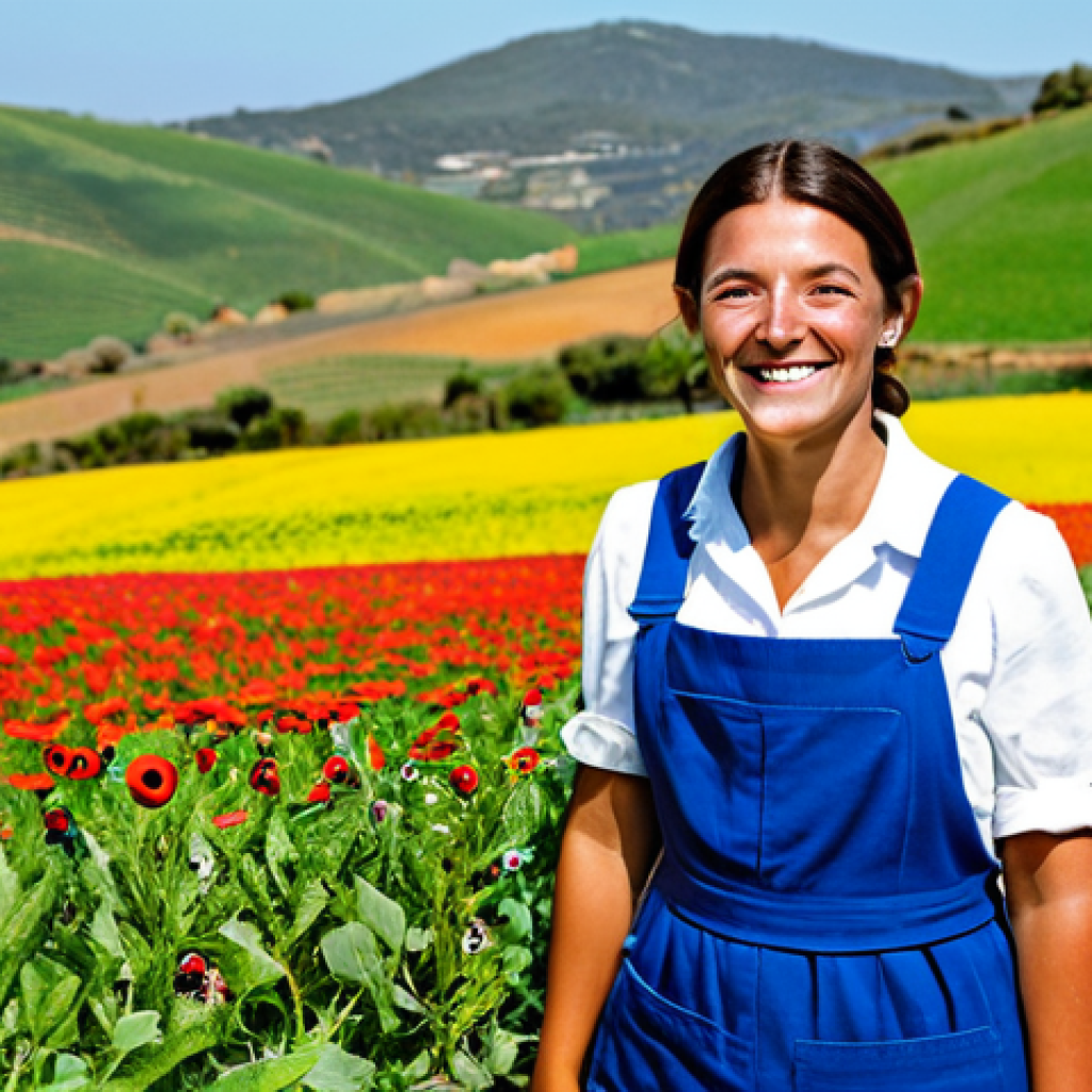 Sustainable Agriculture & Beneficial Insects**
"A vibrant, family-friendly image of an organic farm in Portugal. Rows of colorful crops interspersed with wildflower patches, attracting bees, butterflies, and ladybugs. A fully clothed female farmer smiles as she examines a ladybug on a leaf. Background shows rolling hills and a traditional Portuguese farmhouse. Appropriate attire, safe for work, perfect anatomy, correct proportions, natural pose, professional photography, high quality, modest clothing, bright and cheerful."
**