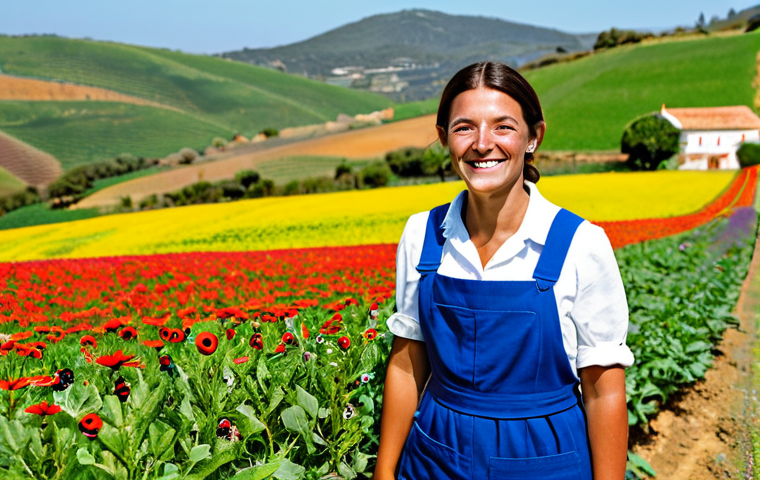 Sustainable Agriculture & Beneficial Insects**

"A vibrant, family-friendly image of an organic farm in Portugal.  Rows of colorful crops interspersed with wildflower patches, attracting bees, butterflies, and ladybugs. A fully clothed female farmer smiles as she examines a ladybug on a leaf.  Background shows rolling hills and a traditional Portuguese farmhouse.  Appropriate attire, safe for work, perfect anatomy, correct proportions, natural pose, professional photography, high quality, modest clothing, bright and cheerful."

**