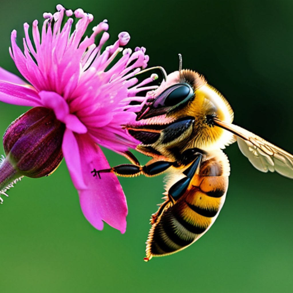 "A close-up photograph of a bee, covered in pollen, pollinating a vibrant, colorful flower in a lush garden. The background features a blurred orchard. Focus on the intricate details of the bee's fuzzy body and the flower's delicate petals. Safe for work, appropriate content, fully clothed (referring to the environment being natural and not containing people), professional photography, high quality, perfect anatomy (of the bee and flower), natural proportions, family-friendly."
