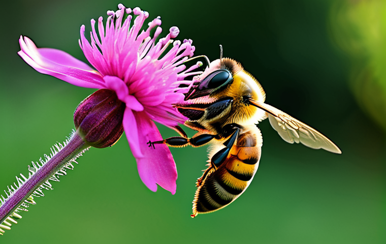 "A close-up photograph of a bee, covered in pollen, pollinating a vibrant, colorful flower in a lush garden. The background features a blurred orchard. Focus on the intricate details of the bee's fuzzy body and the flower's delicate petals. Safe for work, appropriate content, fully clothed (referring to the environment being natural and not containing people), professional photography, high quality, perfect anatomy (of the bee and flower), natural proportions, family-friendly."