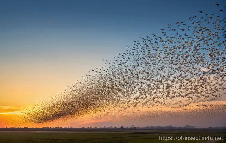 곤충의 계절적 이동 패턴 - **Prompt Title: The Invisible Air Traffic of Our Skies**
    "An aerial, wide-angle shot capturing a...