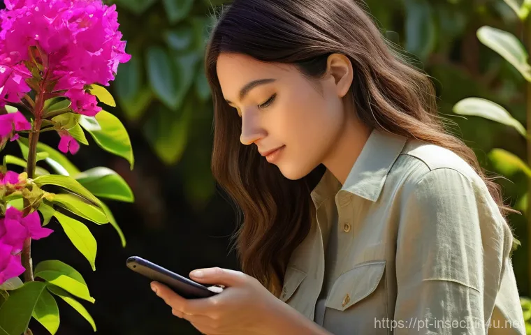 곤충 관련 모바일 앱 개발 - **Prompt:** A curious young adult woman, dressed in comfortable, stylish outdoor attire (e.g., a lig...