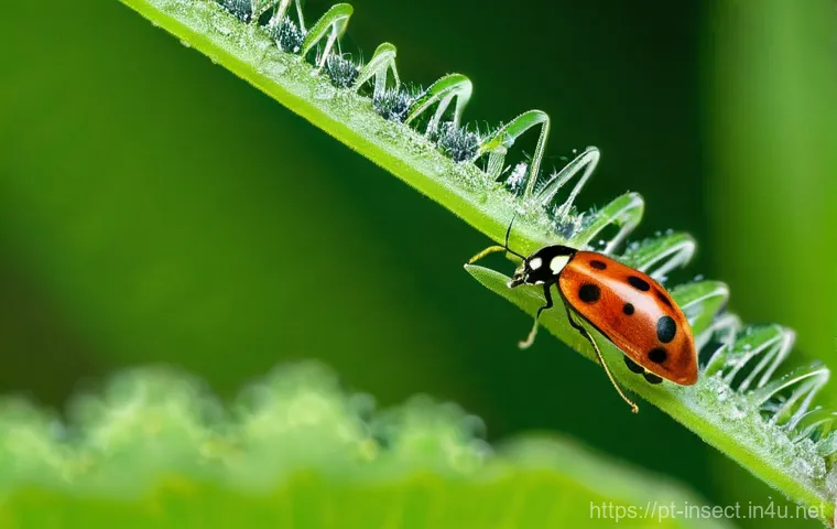 곤충이 식물에 미치는 영향 - **A Close-Up of Natural Pest Control in a Thriving Garden:**
A vibrant, detailed close-up of a h...