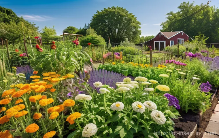 곤충이 식물에 미치는 영향 - **A Close-Up of Natural Pest Control in a Thriving Garden:**
    A vibrant, detailed close-up of a h...