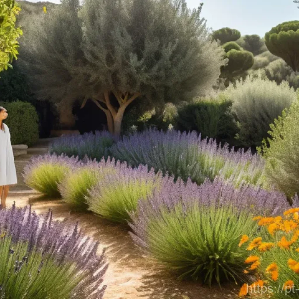 곤충 서식지 복원 프로젝트 - A vibrant, sun-drenched garden in Portugal, bursting with native flowering plants like fragrant lave...