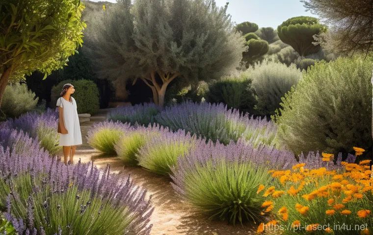 곤충 서식지 복원 프로젝트 - A vibrant, sun-drenched garden in Portugal, bursting with native flowering plants like fragrant lave...