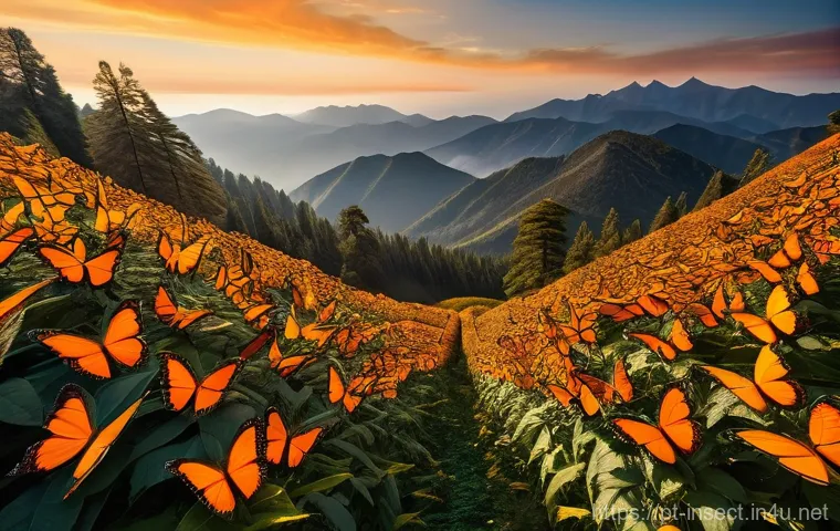 곤충의 이동 패턴 연구 - **Prompt:** "A breathtaking wide-shot of thousands of Monarch butterflies, their wings a vibrant ora...