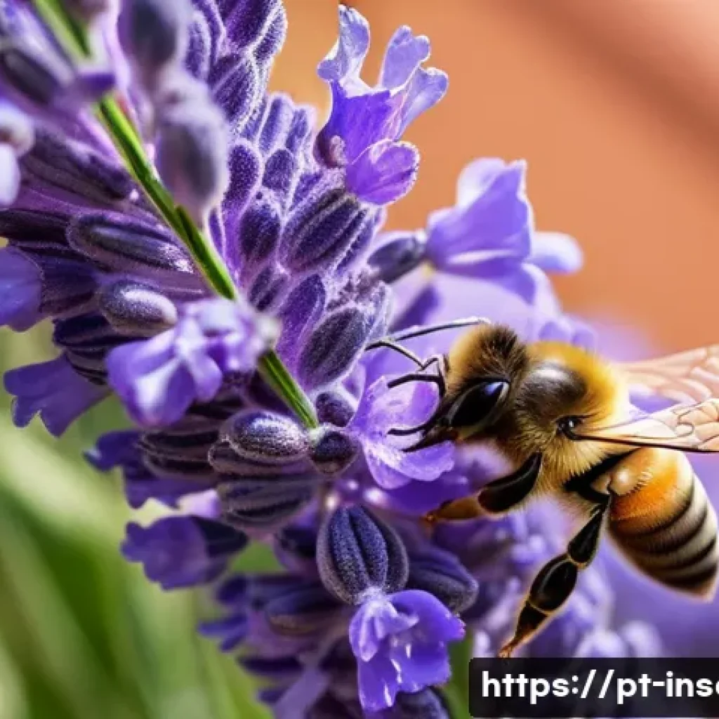 곤충과 도시 생태계 - **A vibrant macro photograph of a bee collecting pollen from a lavender flower in a Lisbon rooftop g...
