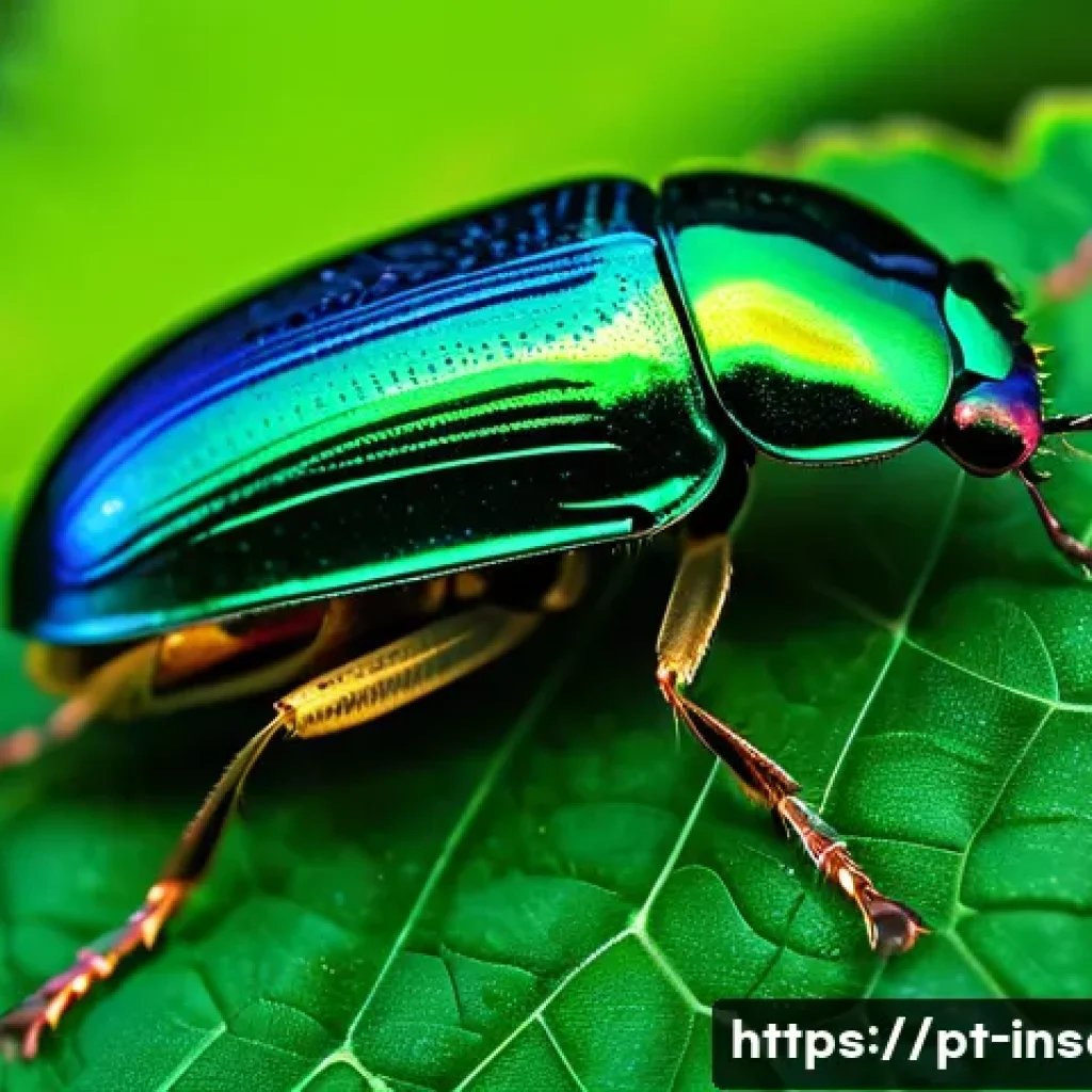 곤충의 몸 색소 연구 - **Iridescent Jewel Beetle in a Lush Rainforest.**
    A macro shot of a vibrant jewel beetle (Chryso...