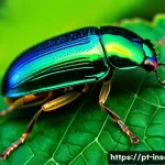 Home 16 곤충의 몸 색소 연구 - **Iridescent Jewel Beetle in a Lush Rainforest.**
A macro shot of a vibrant jewel beetle (Chryso...