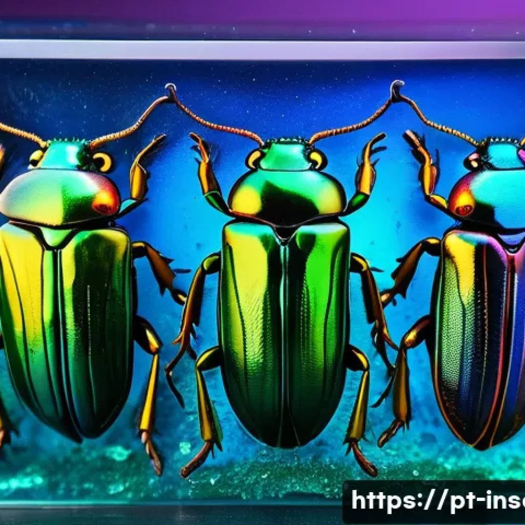 곤충을 활용한 미술 - A highly detailed close-up of vibrant metallic green and blue beetles arranged artistically on a tra...