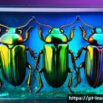 곤충을 활용한 미술 - A highly detailed close-up of vibrant metallic green and blue beetles arranged artistically on a tra...