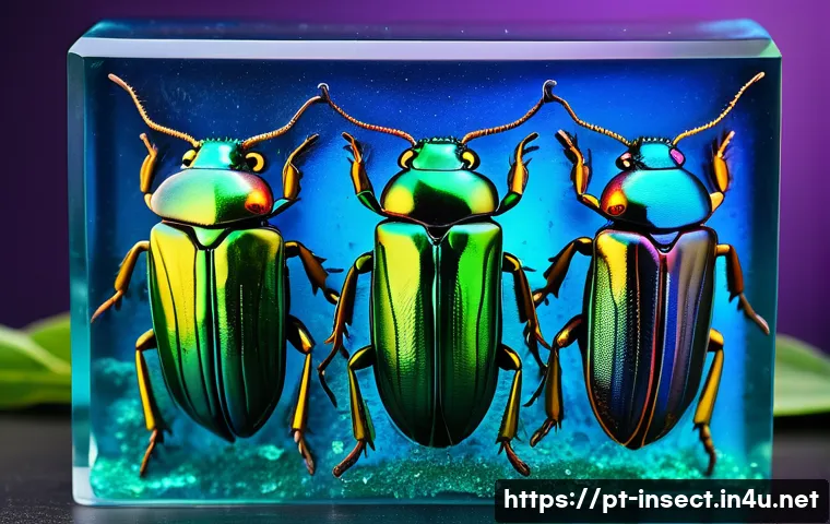 곤충을 활용한 미술 - A highly detailed close-up of vibrant metallic green and blue beetles arranged artistically on a tra...