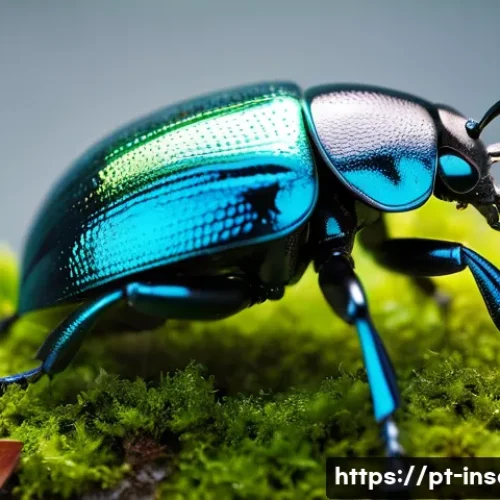 Home 31 곤충 애완동물화 추세 - A detailed close-up of a vibrant metallic beetle inside a small, well-maintained terrarium with natu...