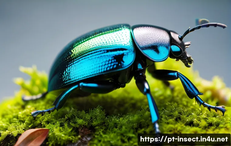 곤충 애완동물화 추세 - A detailed close-up of a vibrant metallic beetle inside a small, well-maintained terrarium with natu...