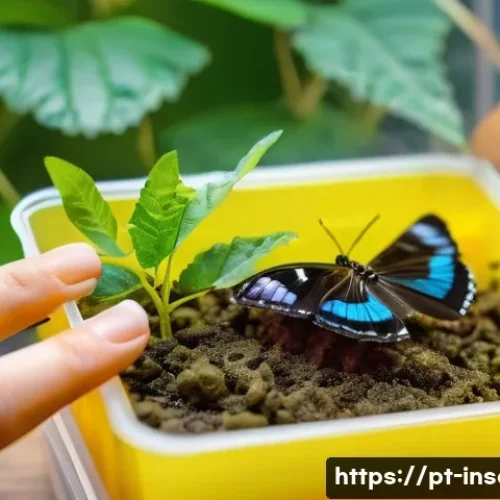 Home 30 곤충 사육 키트 추천 - A detailed and vibrant close-up of a butterfly metamorphosis kit setup inside a well-ventilated tran...