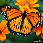곤충 전시회 정보 - A vibrant close-up of a Monarch butterfly resting on a bright orange flower in a lush tropical garde...