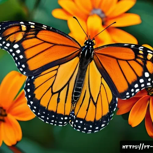 Home 17 곤충 전시회 정보 - A vibrant close-up of a Monarch butterfly resting on a bright orange flower in a lush tropical garde...