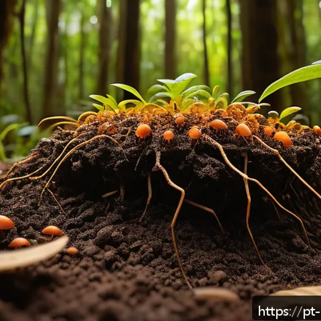 곤충과 토양 생태계 관계 - A highly detailed close-up scene of a vibrant underground soil ecosystem in a Brazilian Atlantic For...