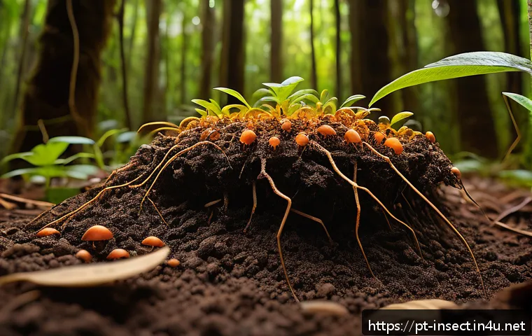 곤충과 토양 생태계 관계 - A highly detailed close-up scene of a vibrant underground soil ecosystem in a Brazilian Atlantic For...