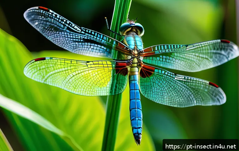 곤충의 비행 메커니즘 연구 - A highly detailed close-up of a dragonfly in mid-flight over a lush Brazilian garden, showcasing the...