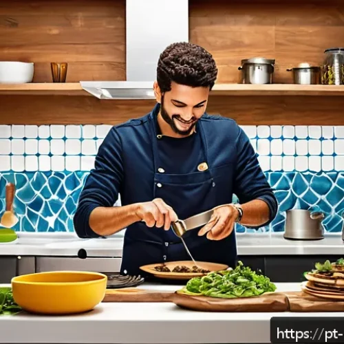 곤충을 활용한 요리 레시피 - A vibrant, modern Brazilian kitchen scene featuring a person preparing a variety of sustainable inse...