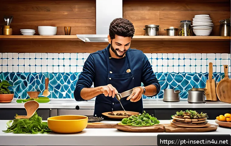 곤충을 활용한 요리 레시피 - A vibrant, modern Brazilian kitchen scene featuring a person preparing a variety of sustainable inse...
