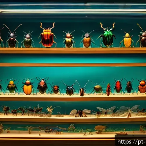 곤충 박물관 투어 가이드 - A vivid museum display showcasing an array of exotic insects under glass cases: metallic iridescent ...