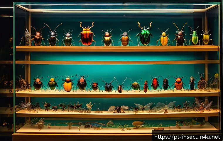 곤충 박물관 투어 가이드 - A vivid museum display showcasing an array of exotic insects under glass cases: metallic iridescent ...