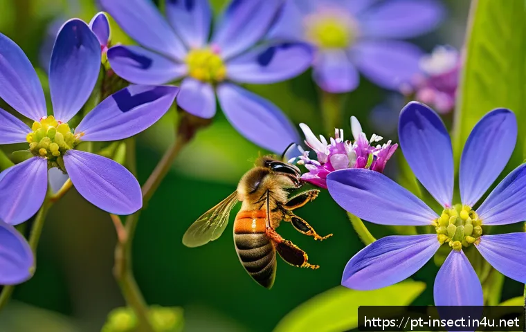 곤충 생태계 체험 프로그램 - A detailed close-up of a honeybee actively pollinating a vibrant, colorful flower in a lush garden d...