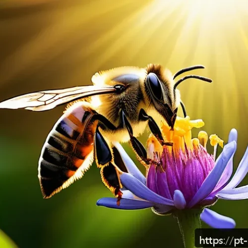 곤충 독 특징 및 활용법 - A detailed scientific illustration of a honeybee (Apis mellifera) hovering near a vibrant flower in ...