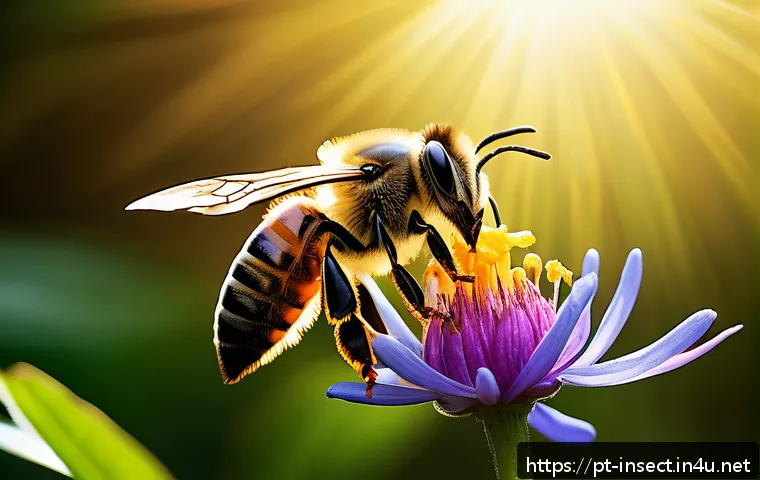 곤충 독 특징 및 활용법 - A detailed scientific illustration of a honeybee (Apis mellifera) hovering near a vibrant flower in ...