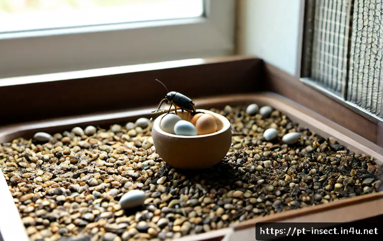Home 31 곤충 번식 실패 원인 - Photorealistic macro scene of a small insect breeding enclosure with several intact eggs that have f...