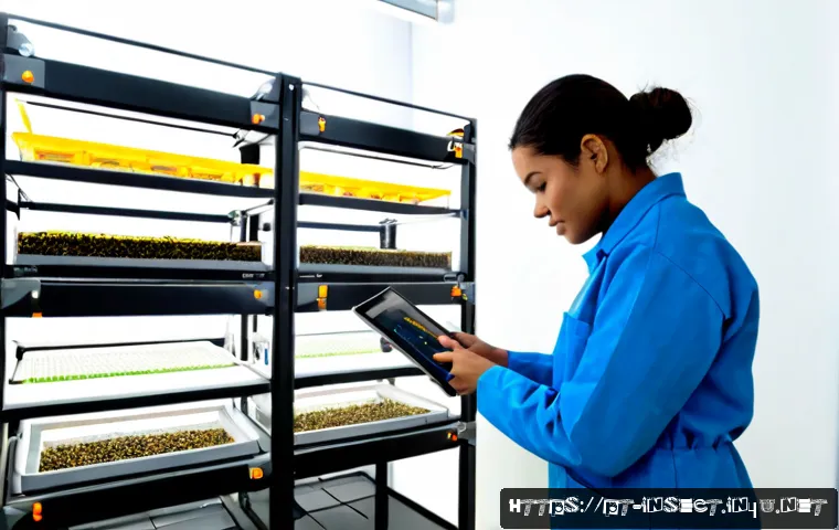 Home 17 곤충 사육장 자동화 기술 - Photorealistic automated insect rearing facility in Brazil, clean climate-controlled room with stack...